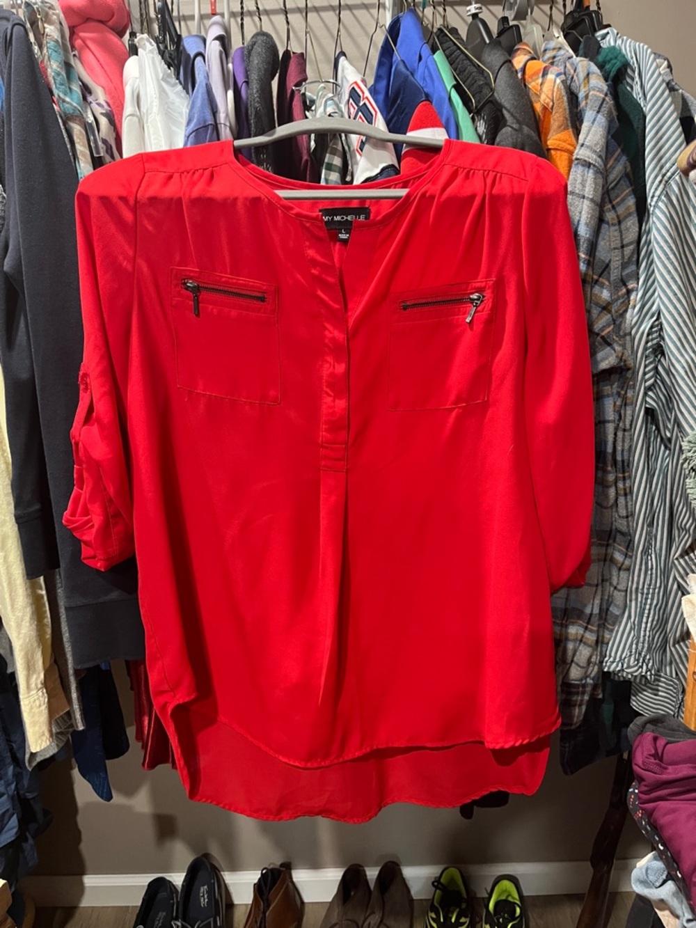 Michele Vibrant Red Zip-Pocket Blouse